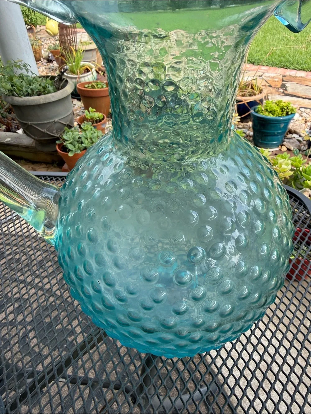 Large Hobnail Blue Turquoise Glass Pitcher 11.5 Inches 1937
